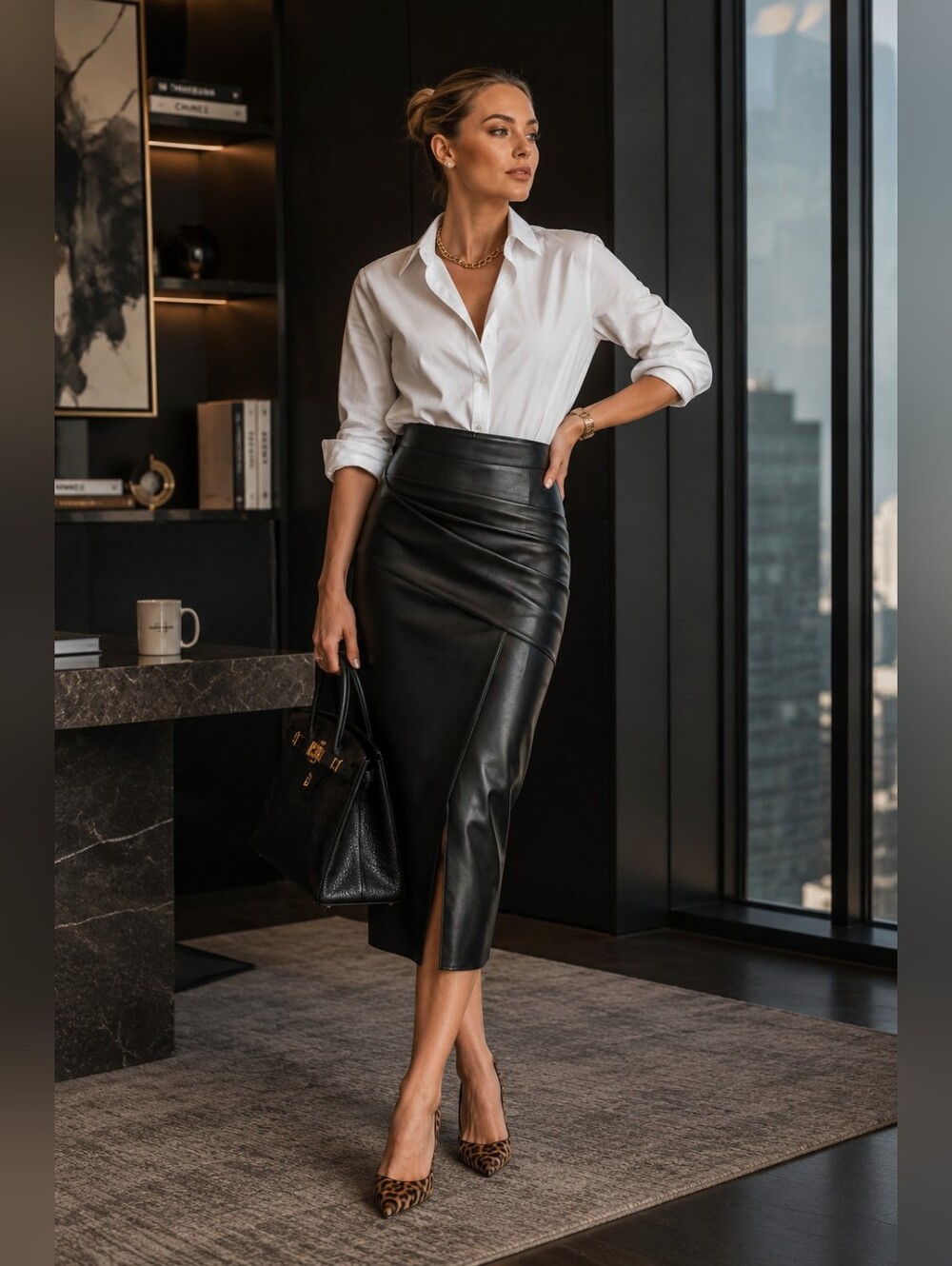 Commense Ruched Slit PU Leather High Rise Midi Skirt in Black Women's L NWT